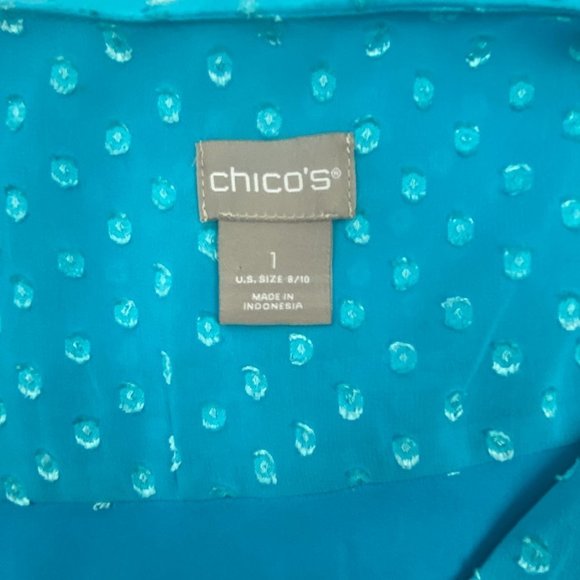 Chico's Blouse Womens Size 1 Medium 8 Blue Clip Dot Peplum‎ Flutter Sleeve Top - Picture 6 of 12